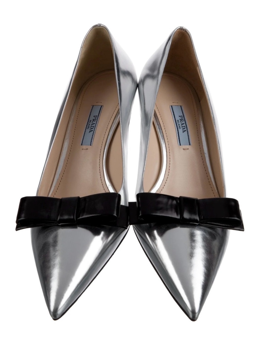 PRADA Silver Metallic Leather Pointed Toe Bow Ballet Flats